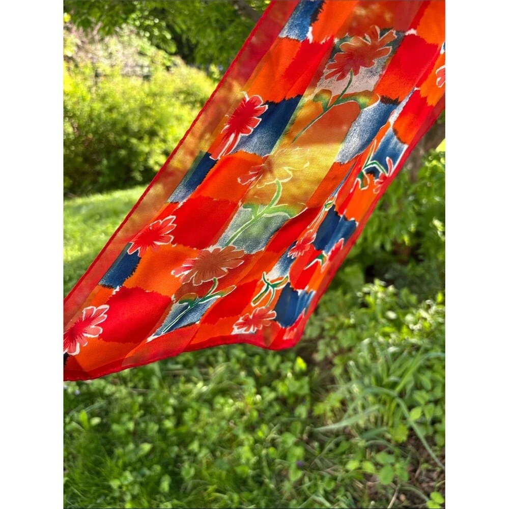 Vibrant Red Floral Silk Scarf